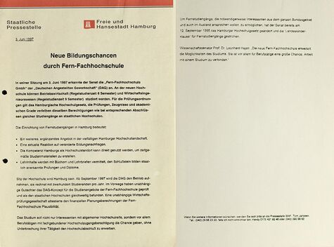 Foto der Pressemitteilung der Staatlichen Pressestelle der Freien und Hansestadt Hamburg vom 3. Juni 1997. Titel: "Neue Bildungschancen durch Fern-Fachhochschule".