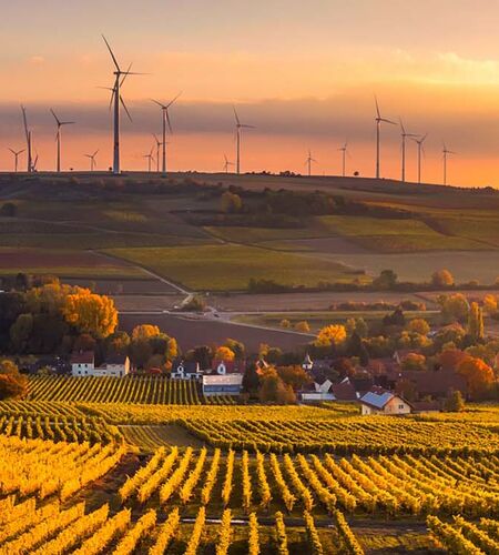 Panoramablick auf ländliche Gegend im Sonnenuntergang in Baden-Württemberg, Kuenzelsau, Deutschland. 