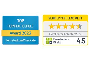 Siegel "Top-Fernhochschule 2023" von FernstudiumCheck und Siegel "Exzellenter Anbieter 2023" von Fernstudium Direkt.
