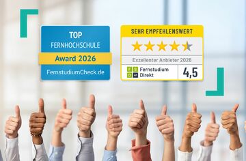 Bewertungssiegel "Top Fernhochschule" und "Exzellenter Anbieter" 2026, darunter Hände mit gehobenen Daumen