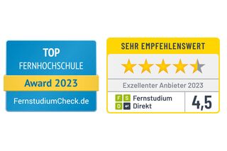 Siegel "Top-Fernhochschule 2023" von FernstudiumCheck und Siegel "Exzellenter Anbieter 2023" von Fernstudium Direkt.