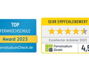 Siegel "Top-Fernhochschule 2023" von FernstudiumCheck und Siegel "Exzellenter Anbieter 2023" von Fernstudium Direkt.