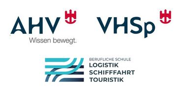 Logos der Beruflichen Schule Logistik, Schifffahrt, Touristik, der AHV - Wissen bewegt und der VHSp