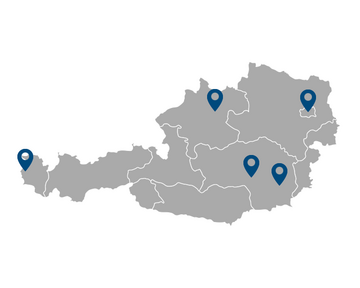 Landkarte Österreichs mit fünf Pins für die fünf Studienzentren in Österreich