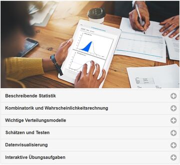 Screenshot der Statistik App mit Liste der sechs Anwendungsmöglichkeiten sowie einem Headerbild, auf dem ein Tablet mit einer Visualisierung zu sehen ist.