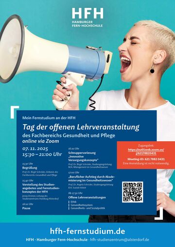 Plakat mit Programm zum "Tag der offenen Lehrveranstaltung" der HFH am 7. 11. 2025; Motiv einer kurzhaarigen Frau mit Megaphon